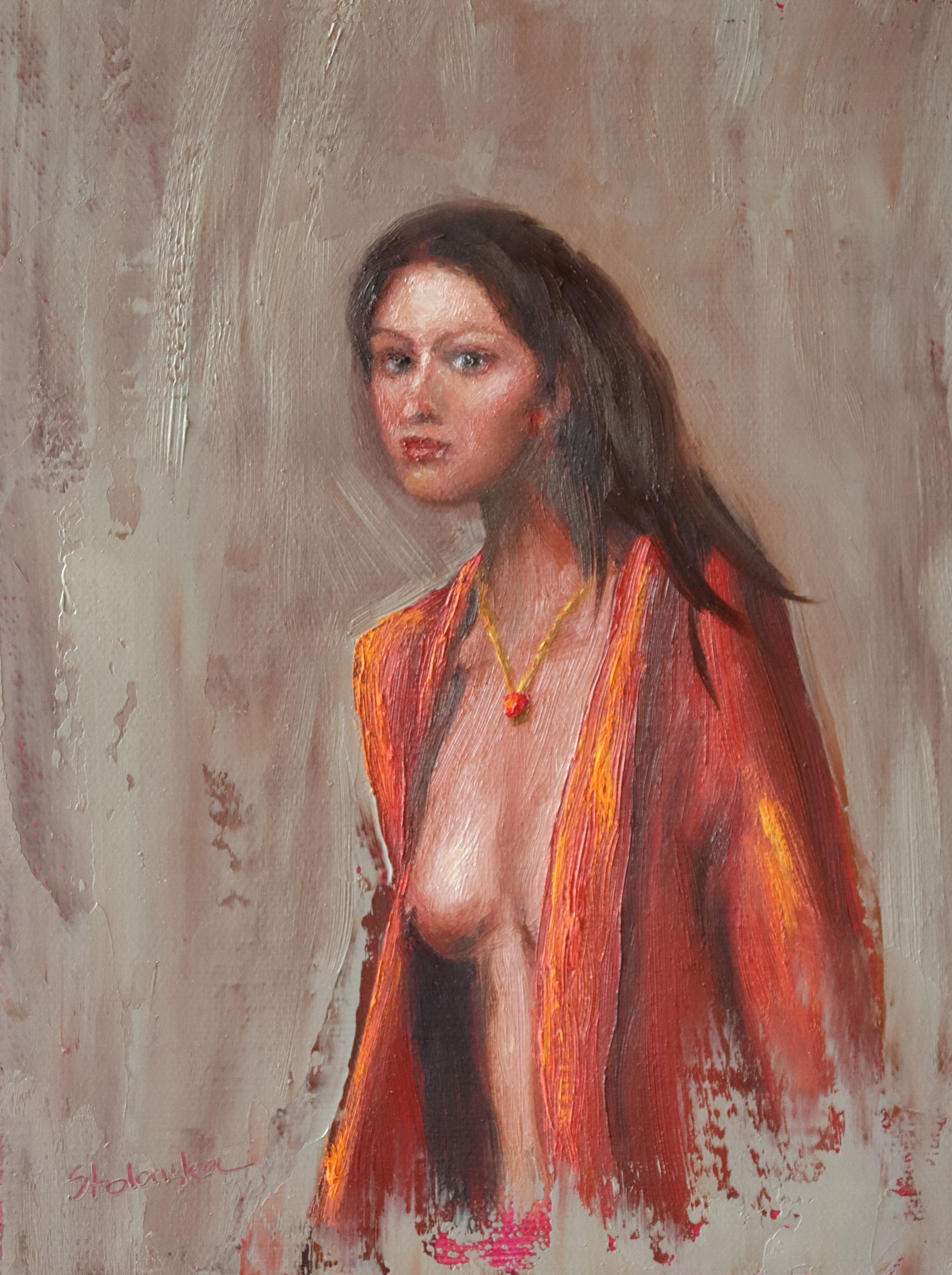 The Interrupted Moment - original oil figure painting by Marta Stolarska, dark-haired woman in slightly open red robe turning to look back at viewer, oil on canvas board, gold frame 25.5x30.5cm