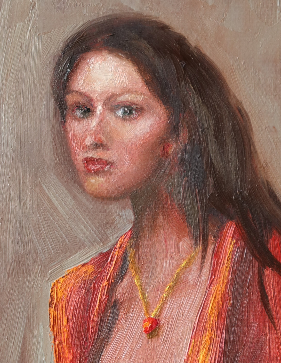 Close-up detail of The Interrupted Moment - face and gaze of dark-haired woman turning back, expressive brushwork in oil by Marta Stolarska