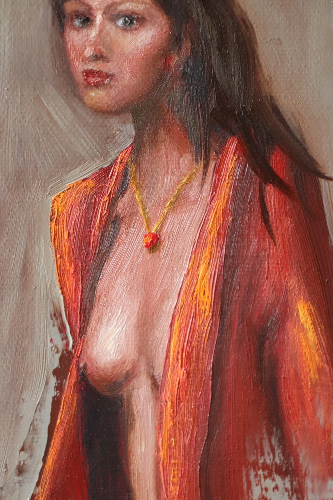 Detail of The Interrupted Moment - red robe and figure, oil painting texture and brushwork by Marta Stolarska Fine Art, Subtle Expressions collection