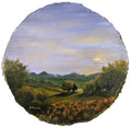 Round painting of a landscape with mountains, trees, and flowers. Original round oil painting of a summer evening in central Poland with poppies and setting sun, childhood memory, 30cm