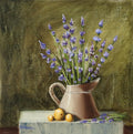 The Lavender Harvest - original oil still life by Marta Stolarska, lavender in bloom arranged in a watering can on grey stone slab with green garden background, oil on cradled wooden canvas panel, 30x30cm