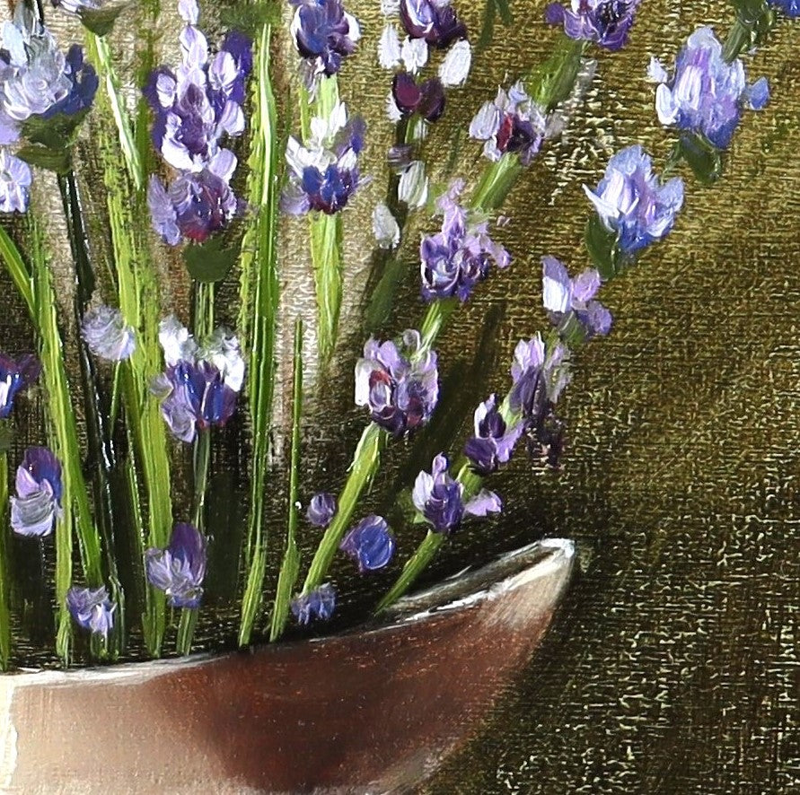 Close-up detail of The Lavender Harvest - purple lavender blooms in watering can, expressive oil brushwork by Marta Stolarska, summer still life painted from life