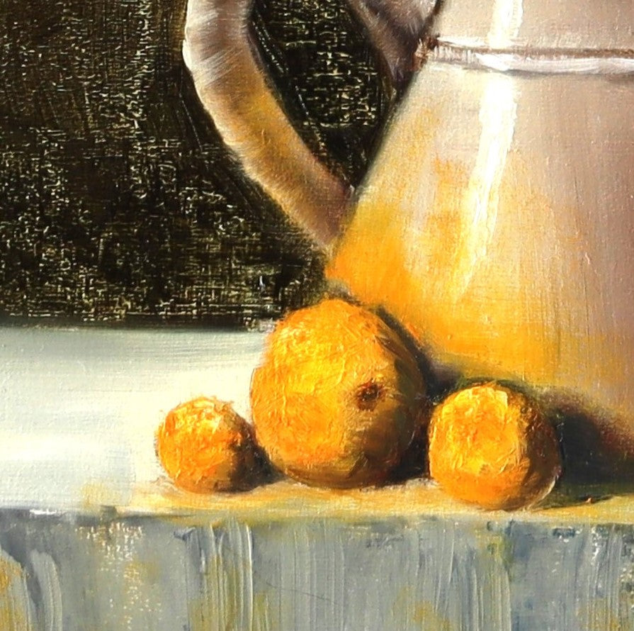 Detail of The Lavender Harvest - grey stone slab and green garden background with lavender stems, oil painting texture by Marta Stolarska Fine Art