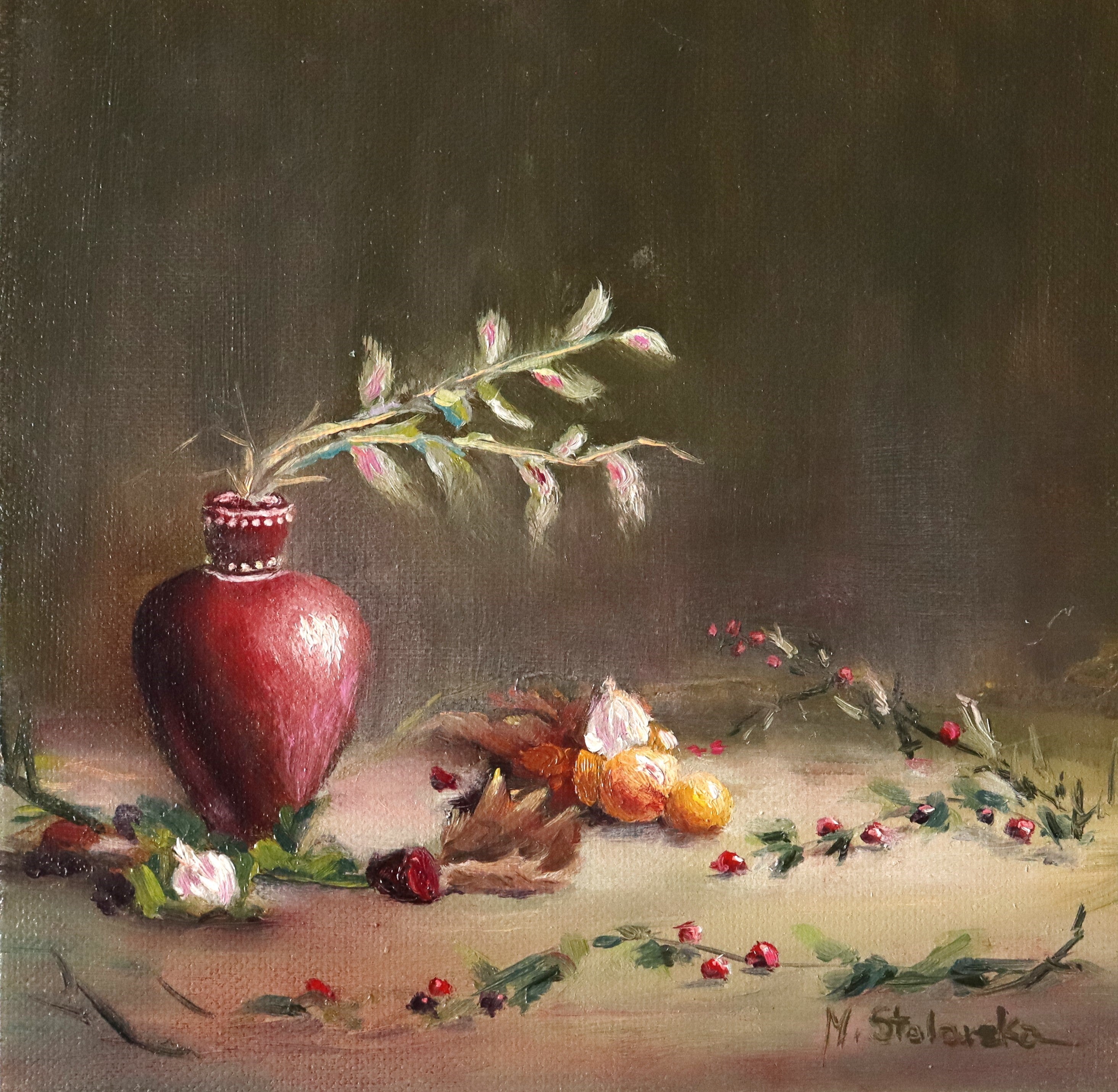 The Spirit of Midwinter - original oil painting by Marta Stolarska, winter berries, oranges and garlic in a red vase, midwinter still life on deep edge canvas, 20x20cm, ready to hang