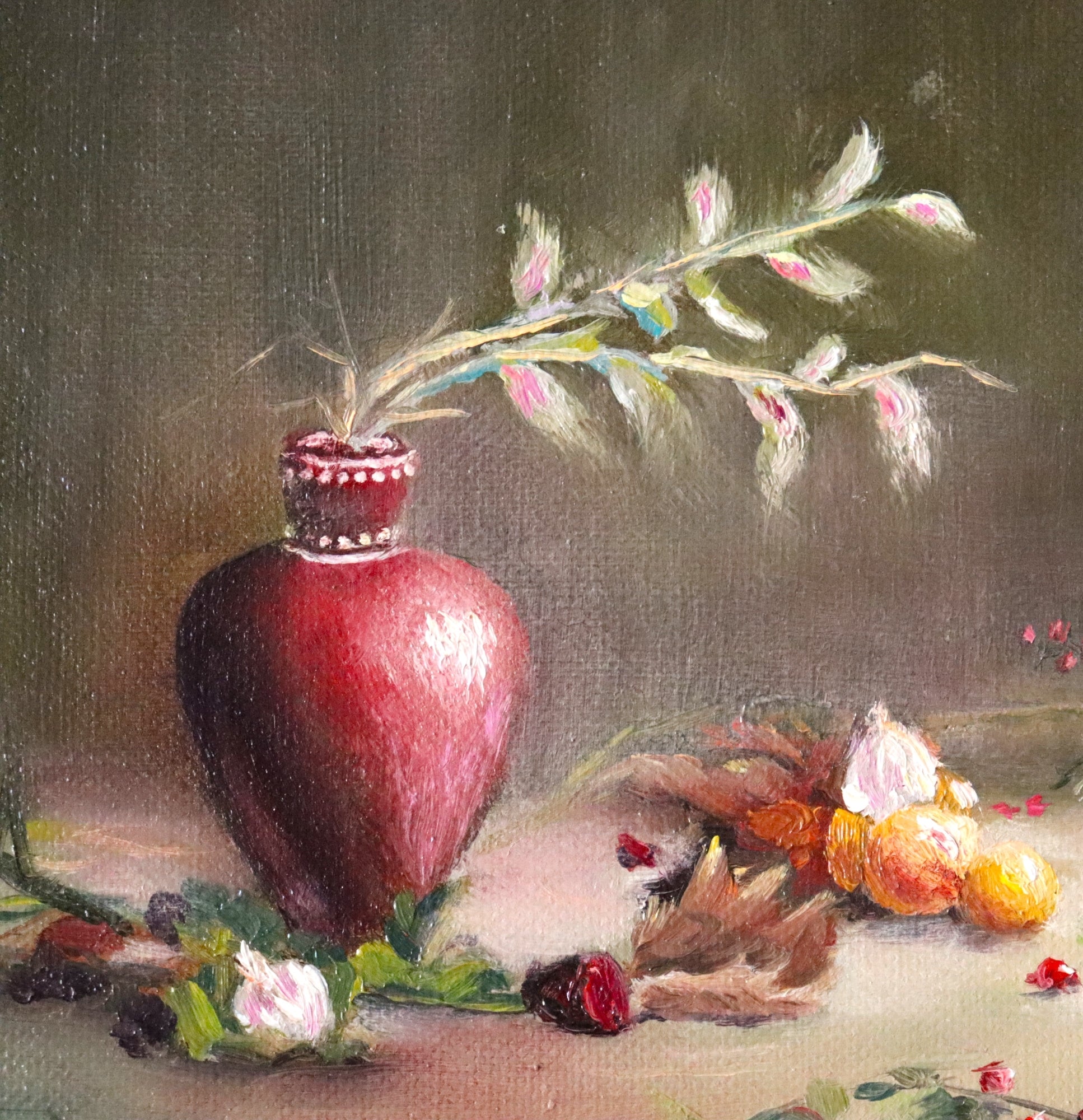 Close-up detail of The Spirit of Midwinter - winter berries, garlic and oranges in a red vase, brushwork and texture in oil by Marta Stolarska