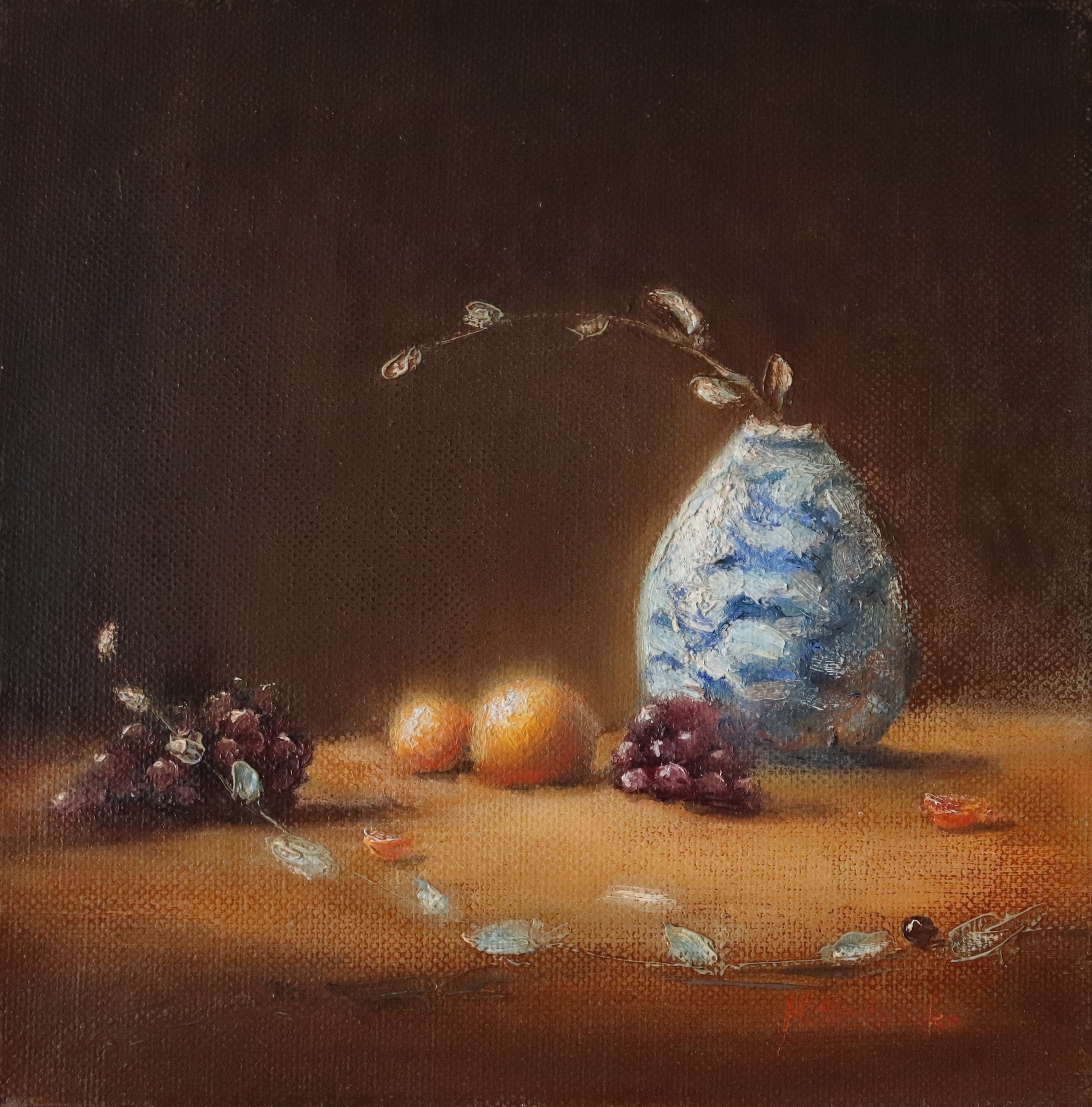 The Warmth of the Autumnal Glow - original oil painting by Marta Stolarska, oranges, grapes and leaves in a white and blue vase, autumnal light glowing across the composition, 20x20cm deep edge canvas