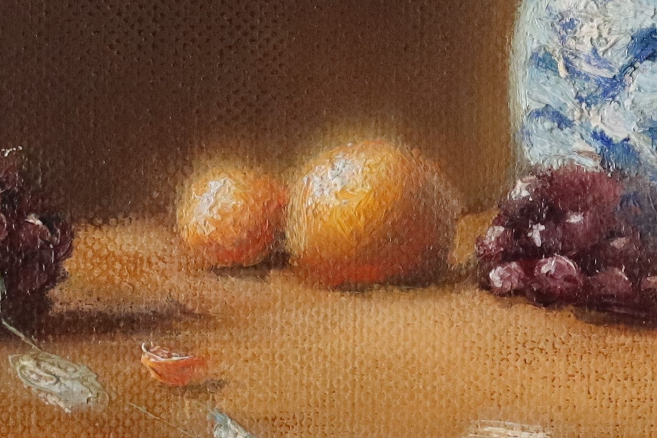 Detail of The Warmth of the Autumnal Glow - ripe oranges and grapes with autumn light glowing through the forms, original oil painting by Marta Stolarska