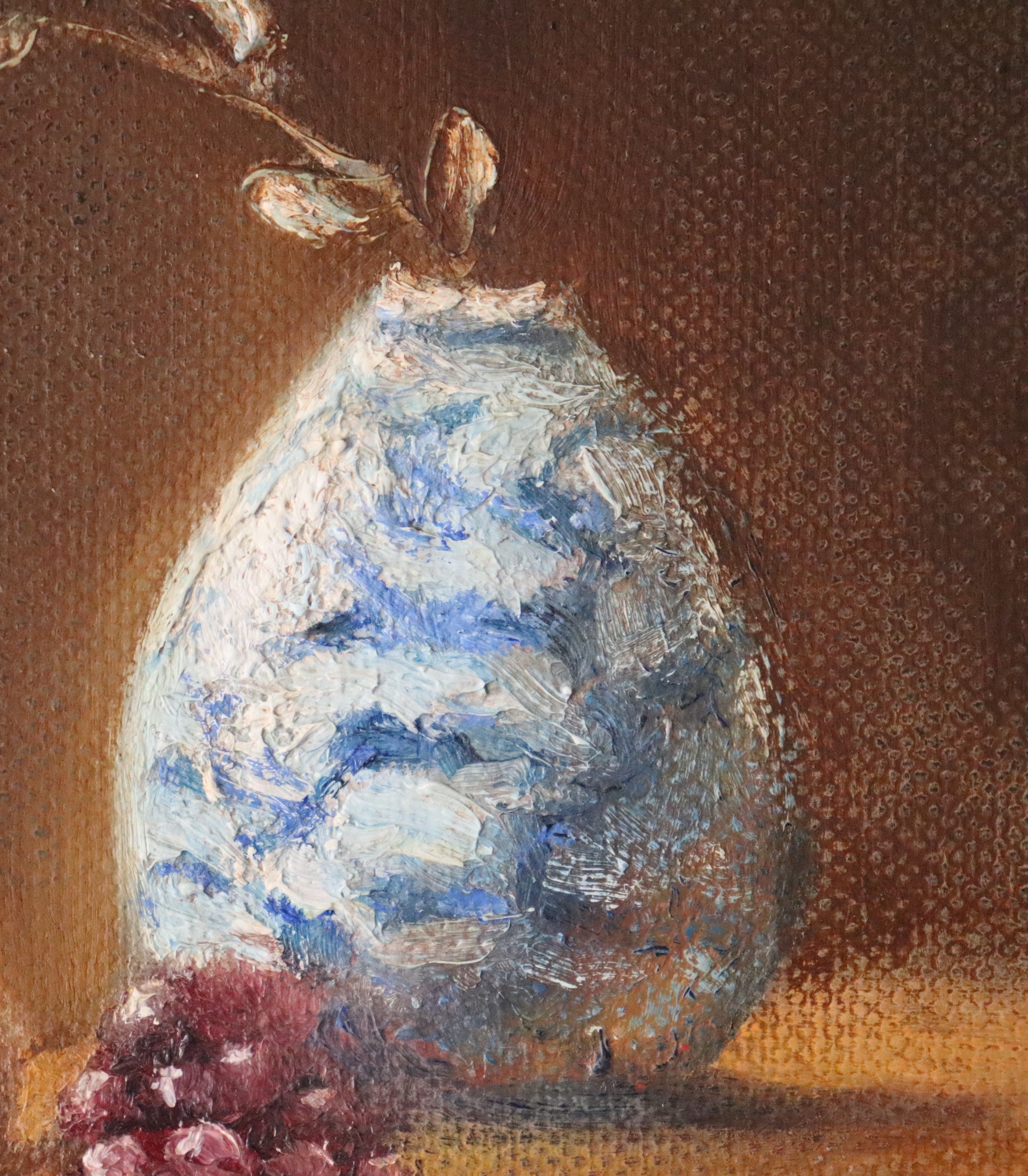 Close-up detail of The Warmth of the Autumnal Glow - white and blue vase with autumnal light glowing across the glaze, oil painting brushwork by Marta Stolarska