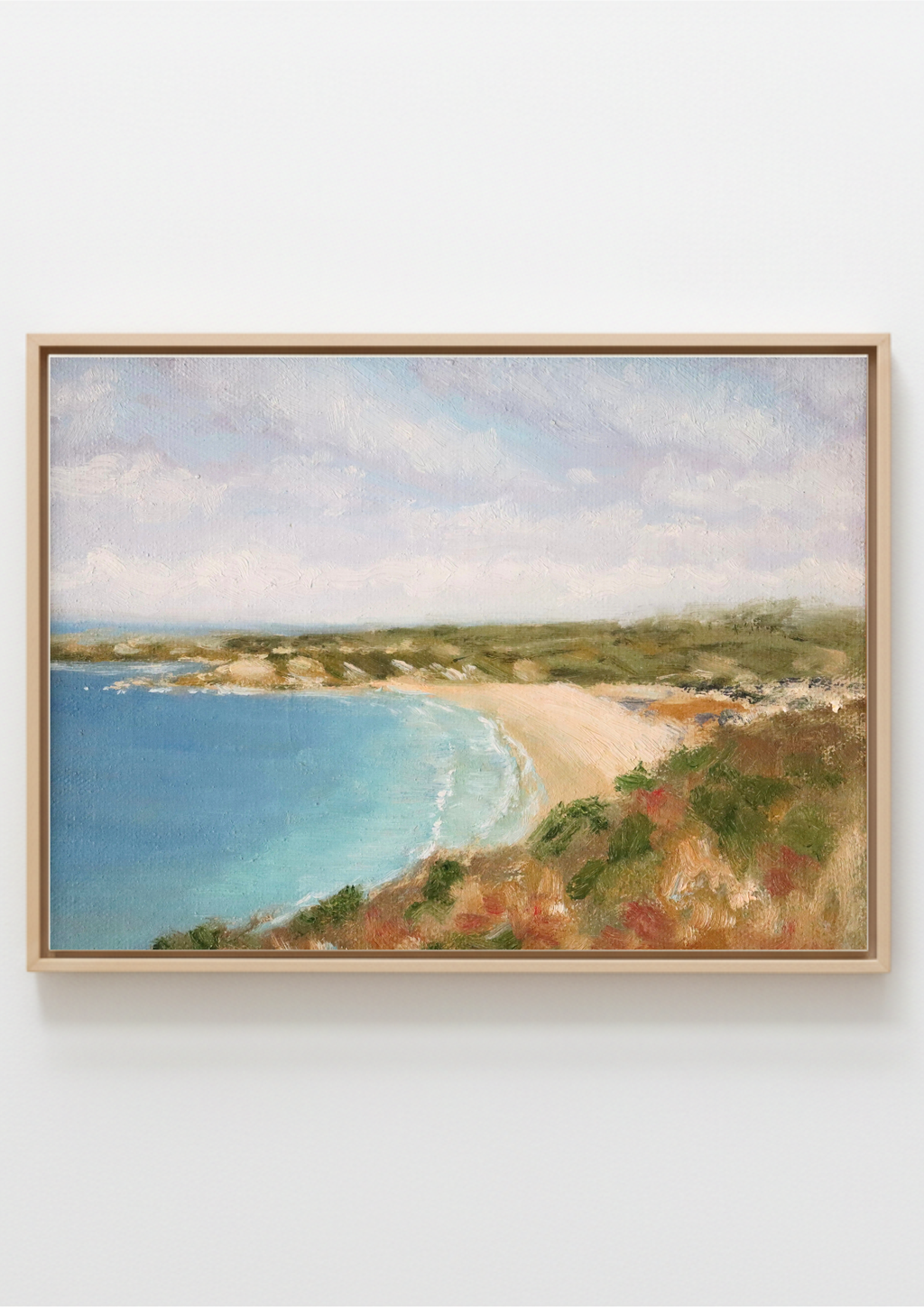 The Cove - original oil painting of a sheltered coastal bay with turquoise water and golden sand, painted in warm late spring light. Oil on canvas board, 8 x 6 inches.