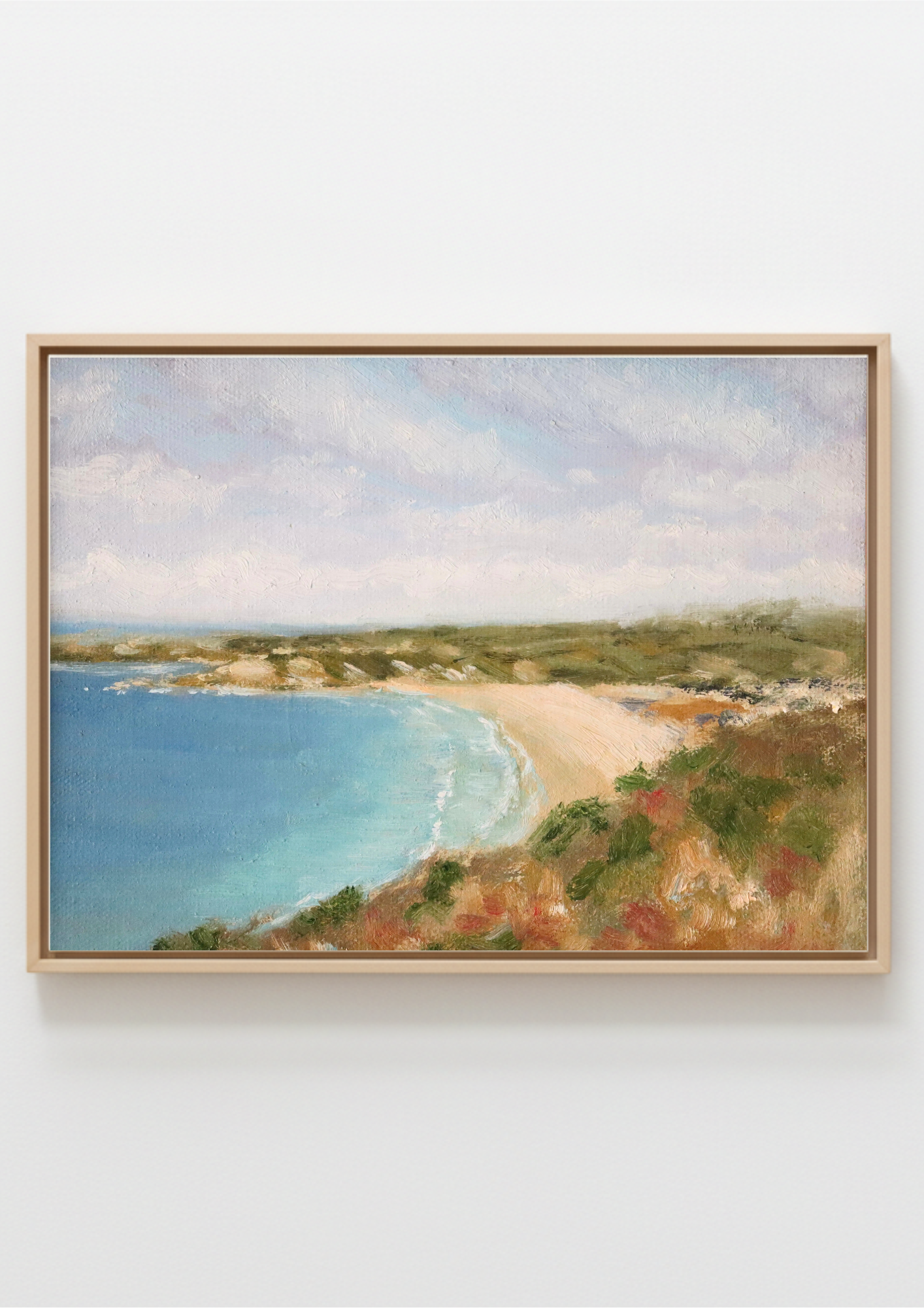 The Cove - original oil painting of a sheltered coastal bay with turquoise water and golden sand, painted in warm late spring light. Oil on canvas board, 8 x 6 inches.
