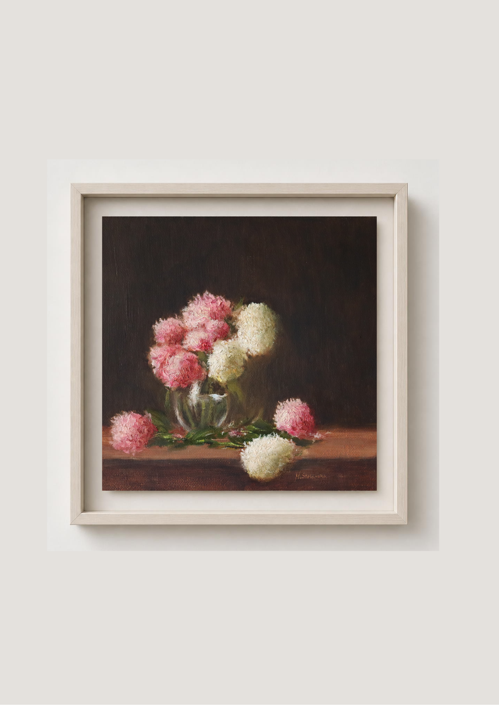 The Delicate Garden Hydrangeas - original oil painting by Marta Stolarska, pink and white hydrangeas in a glass vase with blooms on a wooden table, 20x20cm deep edge canvas, ready to hang