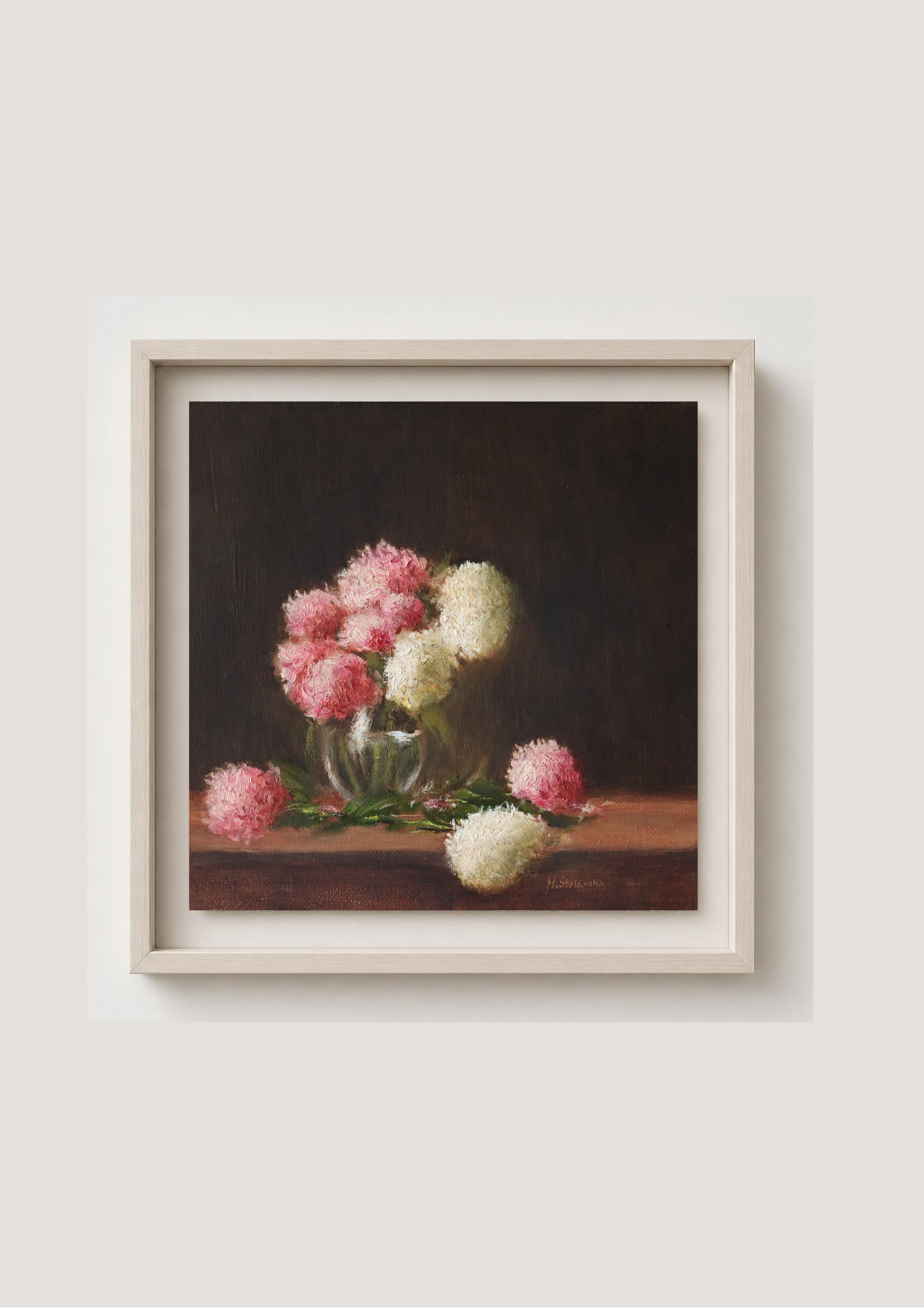 The Delicate Garden Hydrangeas - original oil painting by Marta Stolarska, pink and white hydrangeas in a glass vase with blooms on a wooden table, 20x20cm deep edge canvas, ready to hang