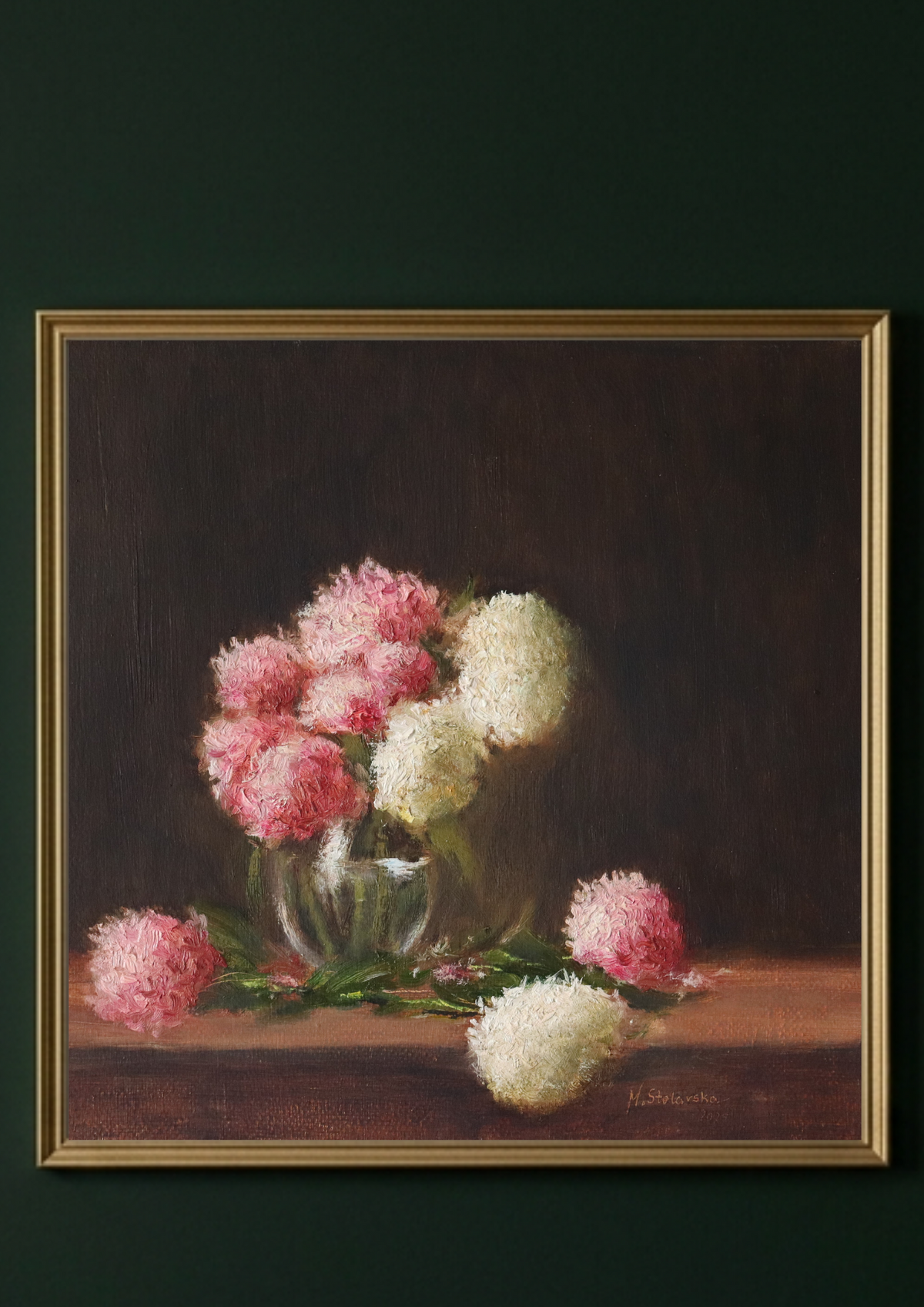 The Delicate Garden Hydrangeas - pink and white hydrangea florets in oil, showing delicate brushwork and texture by Marta Stolarska