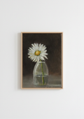 A framed still life painting of a white daisy in a clear glass vase against a dark brown background, hung on a plain white wall. The Garden Daisy - original oil painting by Marta Stolarska, a single white daisy in a small glass vase against a dark background, painted from life on handmade linen board, 10 x 15 cm