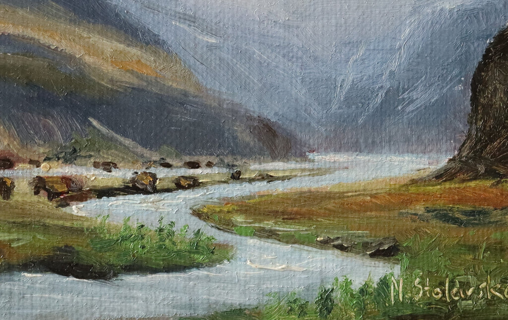 Original oil painting of misty mountains landscape, atmospheric mountain scene in soft mist and cloud