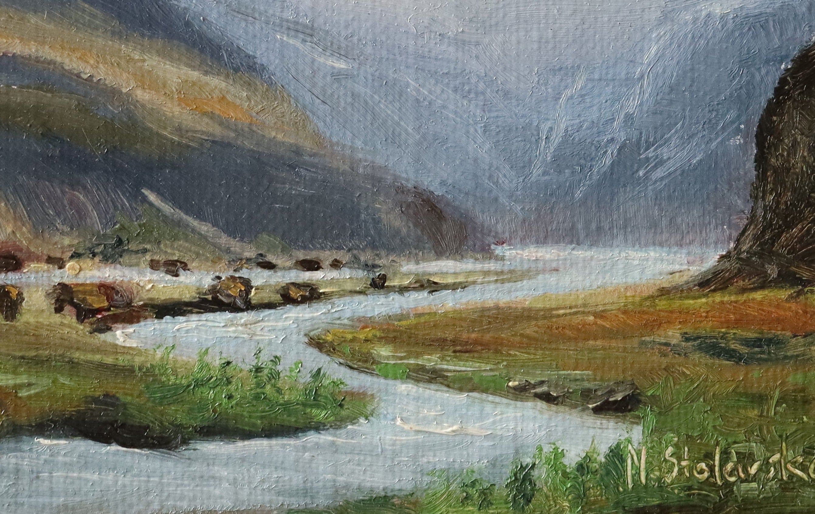 Original oil painting of misty mountains landscape, atmospheric mountain scene in soft mist and cloud
