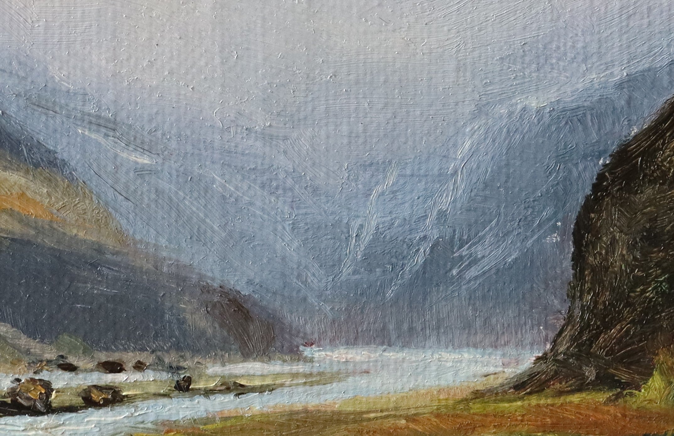 Original oil painting of misty mountains landscape, atmospheric mountain scene in soft mist and cloud