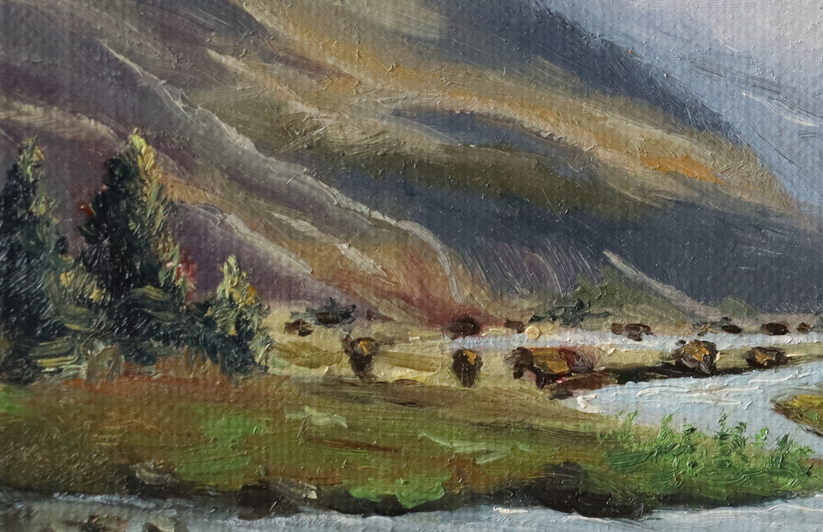 Original oil painting of misty mountains landscape, atmospheric mountain scene in soft mist and cloud