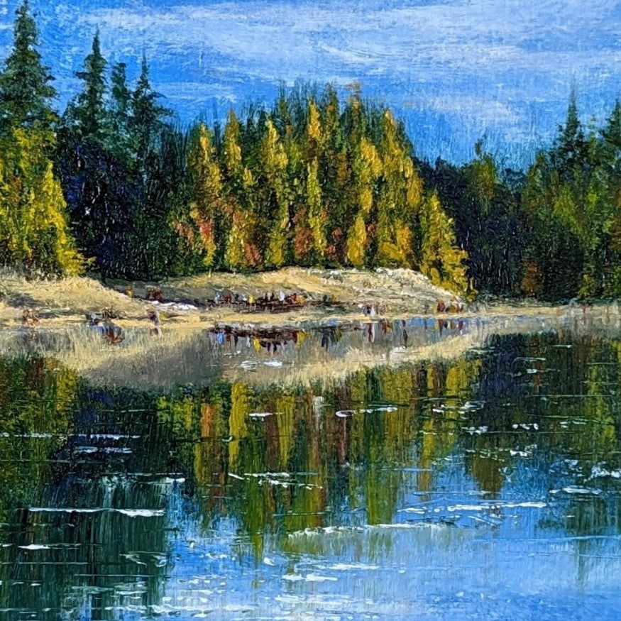 Original round oil painting of an imagined island landscape inspired by the Lake District, 30cm diameter