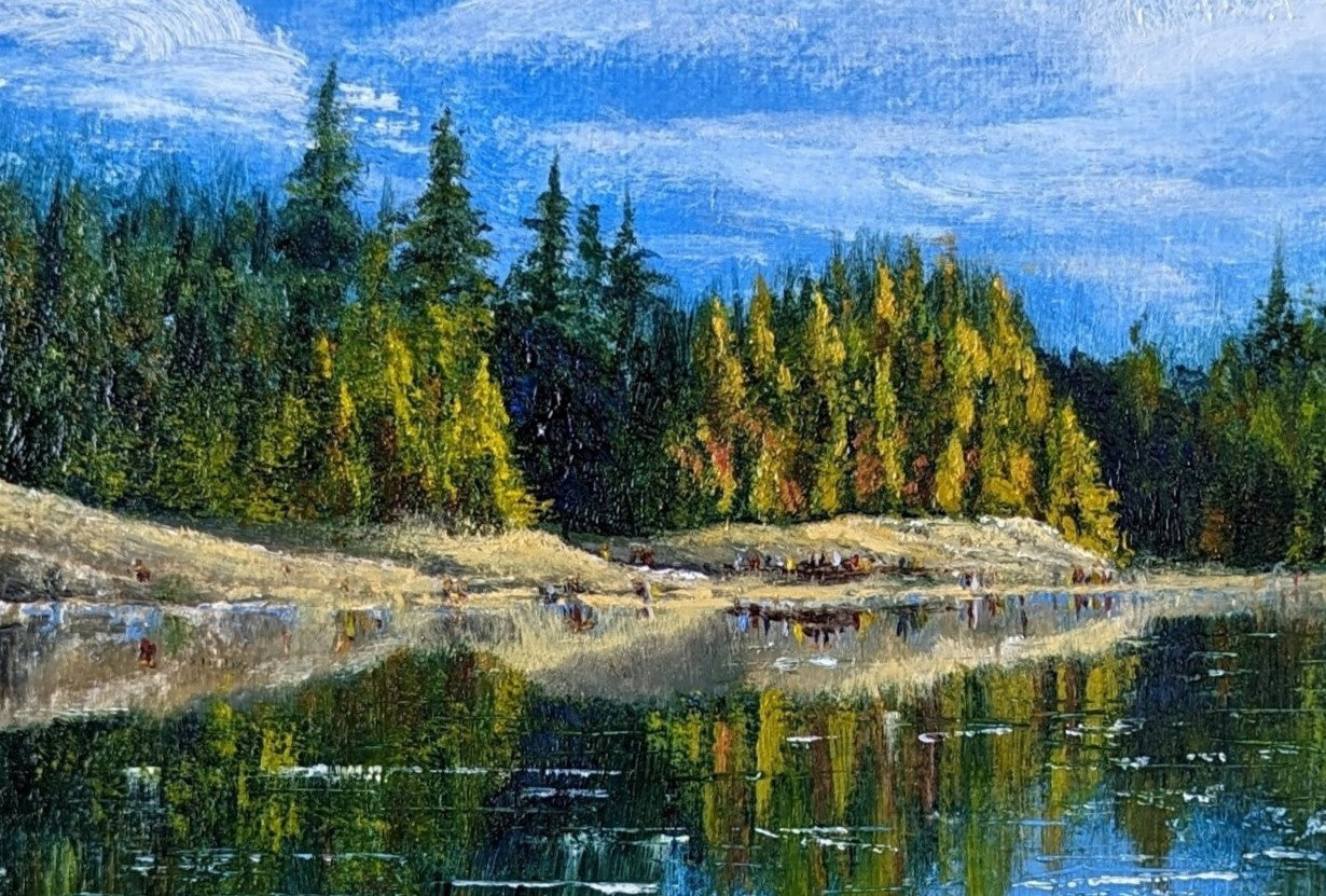 Landscape painting of a forested area with a lake and people walking along the shore.. Original round oil painting of an imagined island landscape inspired by the Lake District, 30cm diameter 