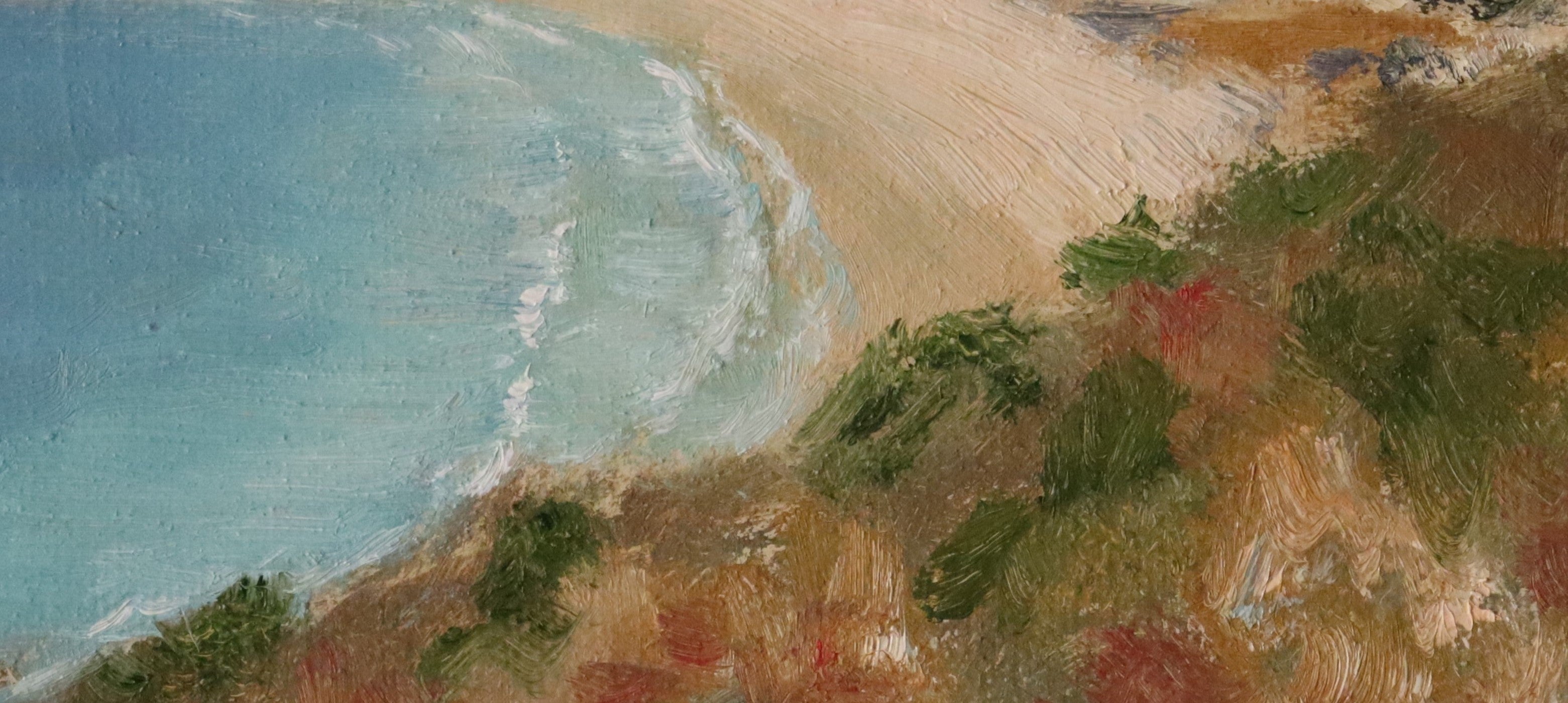 Close-up detail of The Cove original oil painting, showing brushwork and texture. Oil on canvas board by Marta Stolarska.