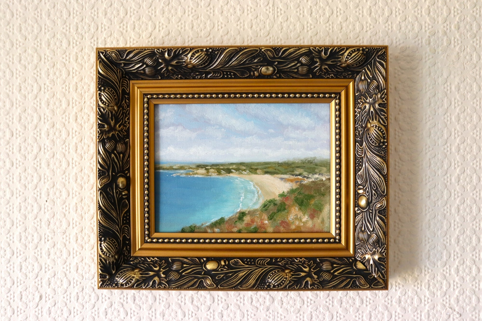 The Cove - original oil painting in a golden frame, ready to hang. Coastal bay scene in oil on canvas board, 8 x 6 inches, by Marta Stolarska.