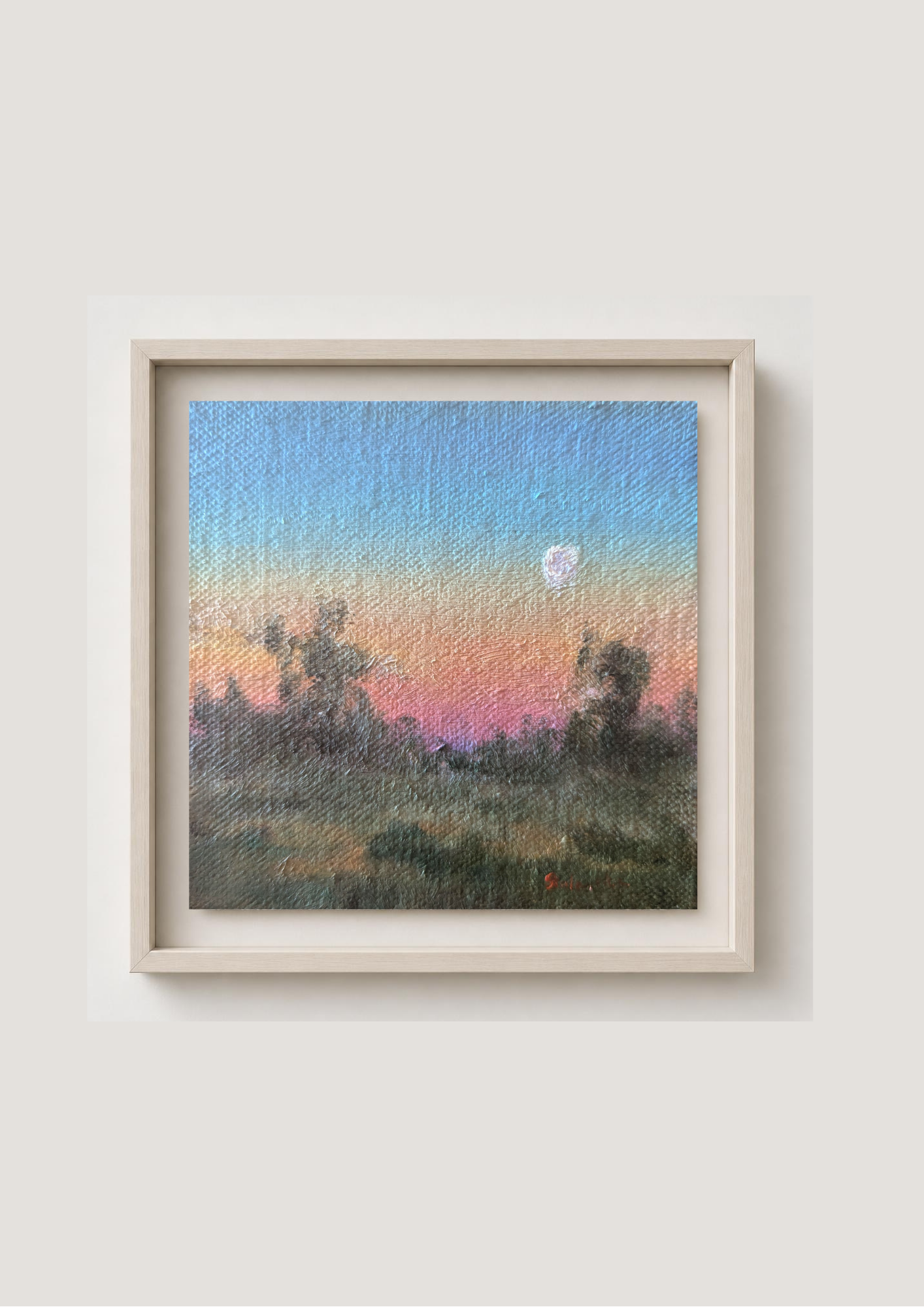 The Moon Glow - original oil painting of the moon glowing over the Suffolk marshes on a clear spring evening, warm sky just after sunset. Oil on handmade cotton board, 4 x 4 inches, by Marta Stolarska.