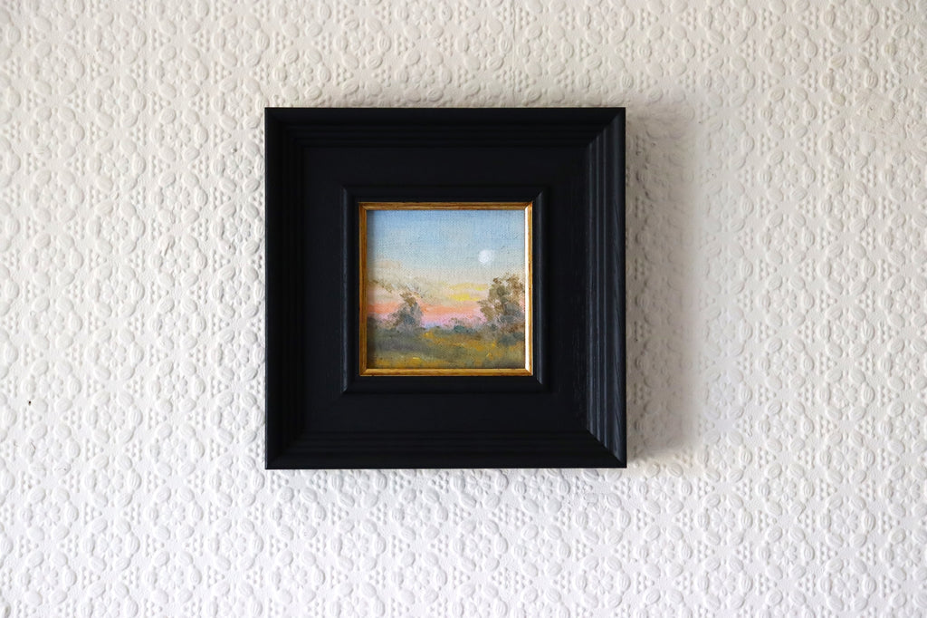 The Moon Glow - original oil painting in a deep edge layered frame, ready to hang. Moonlit spring evening over the Suffolk marshes. 4 x 4 inches by Marta Stolarska Fine Art.