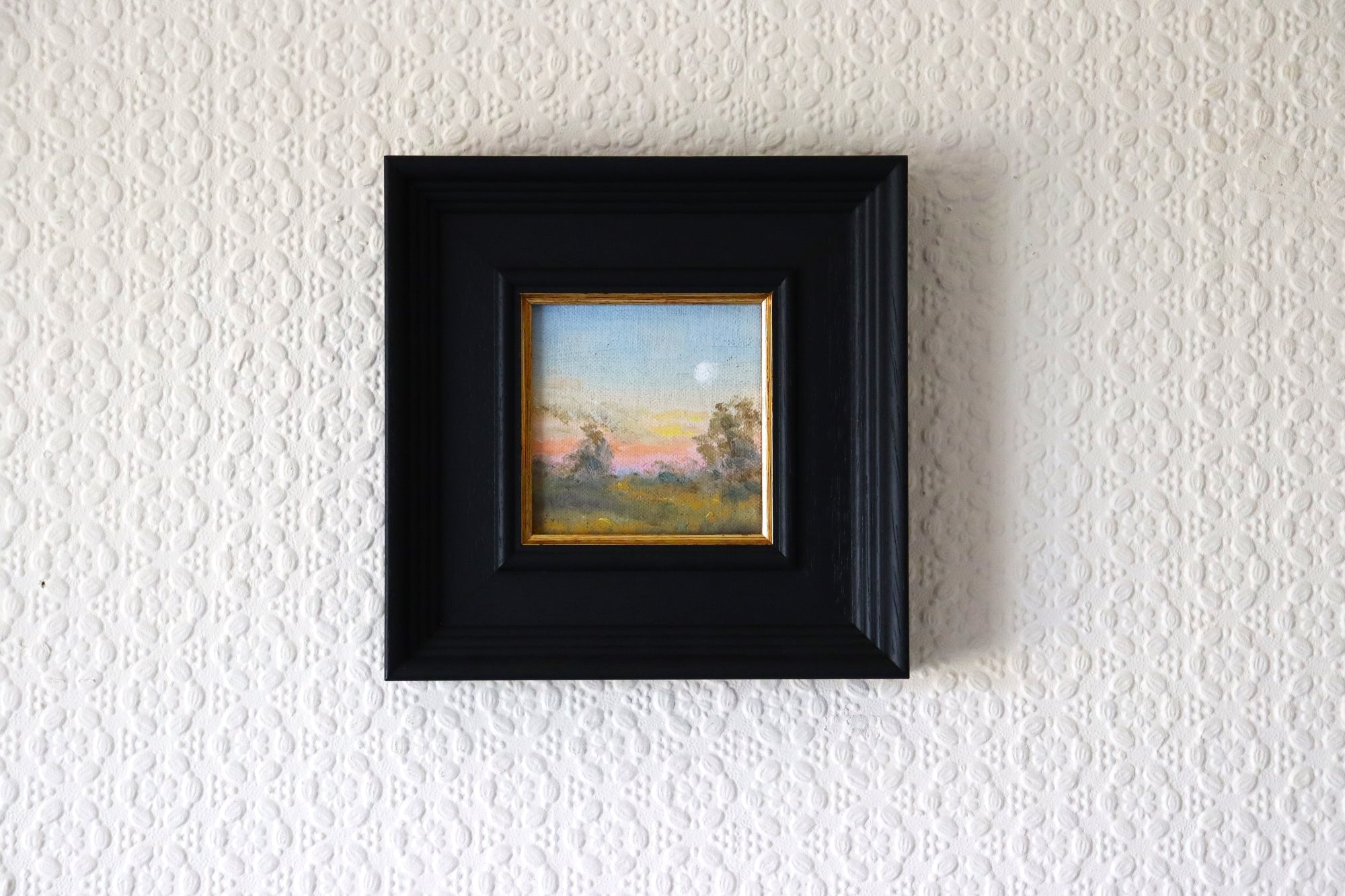 The Moon Glow - original oil painting in a deep edge layered frame, ready to hang. Moonlit spring evening over the Suffolk marshes. 4 x 4 inches by Marta Stolarska Fine Art.