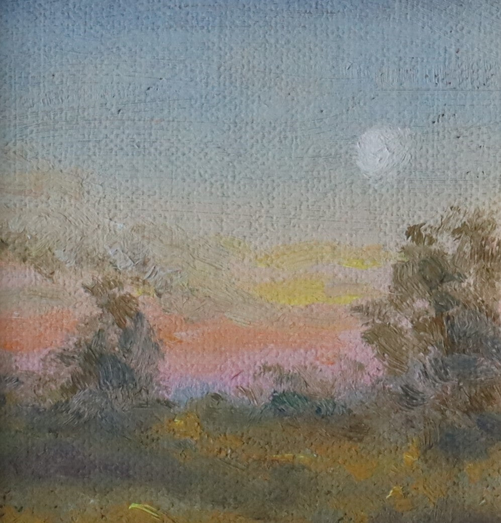 The Moon Glow - original oil painting of the moon glowing over the Suffolk marshes on a clear spring evening, warm sky just after sunset. Oil on handmade cotton board, 4 x 4 inches, by Marta Stolarska.