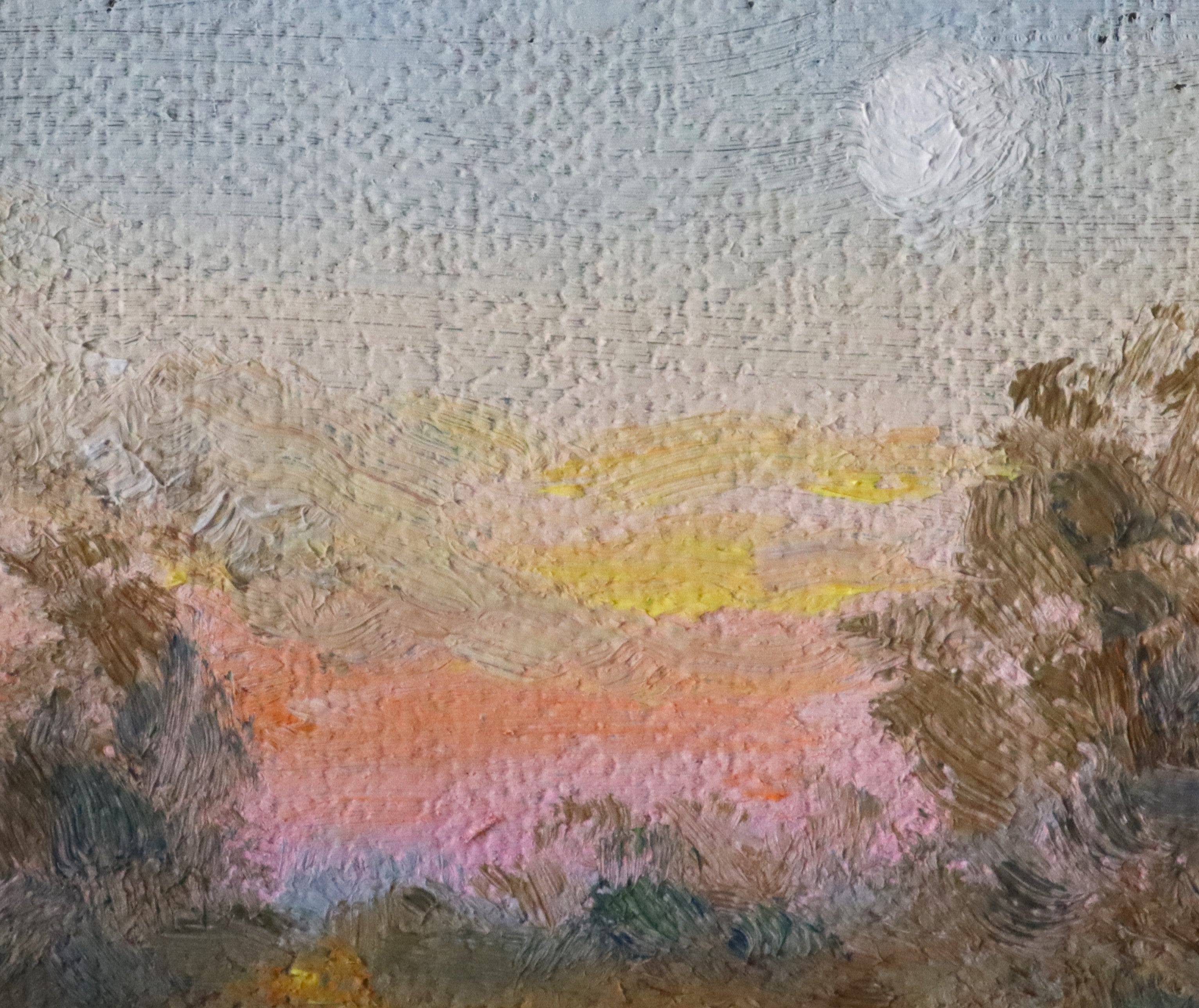 Close-up detail of The Moon Glow original oil painting, showing brushwork and texture of the moonlit evening sky. Oil on handmade cotton board by Marta Stolarska.