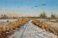 Painting of a rural landscape with a path, fields, and birds in the sky by a local artist. Original oil painting of geese in flight over snowy Oulton Broad marshes, snow-covered bridleway leading into scene