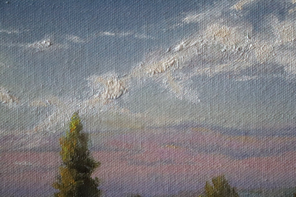 Impressionistic landscape painting on textured canvas showing a blue sky with white clouds and a soft pink horizon above dark green trees.