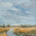 Local Artist, Original oil painting of Carlton Marshes Suffolk on a summer day, wide marsh with dyke leading into scene and big sky. Artistic depiction of a landscape with a river and trees under a blue sky.