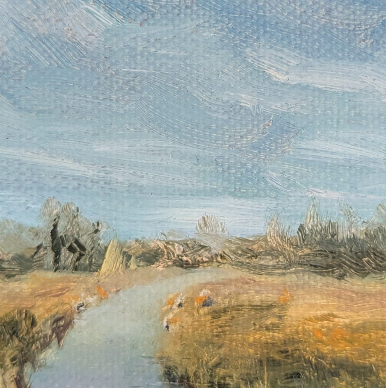 Artistic depiction of a landscape with a blue sky and earthy tones. Local artist. Original oil painting of Carlton Marshes Suffolk on a summer day, wide marsh with dyke leading into scene and big sky