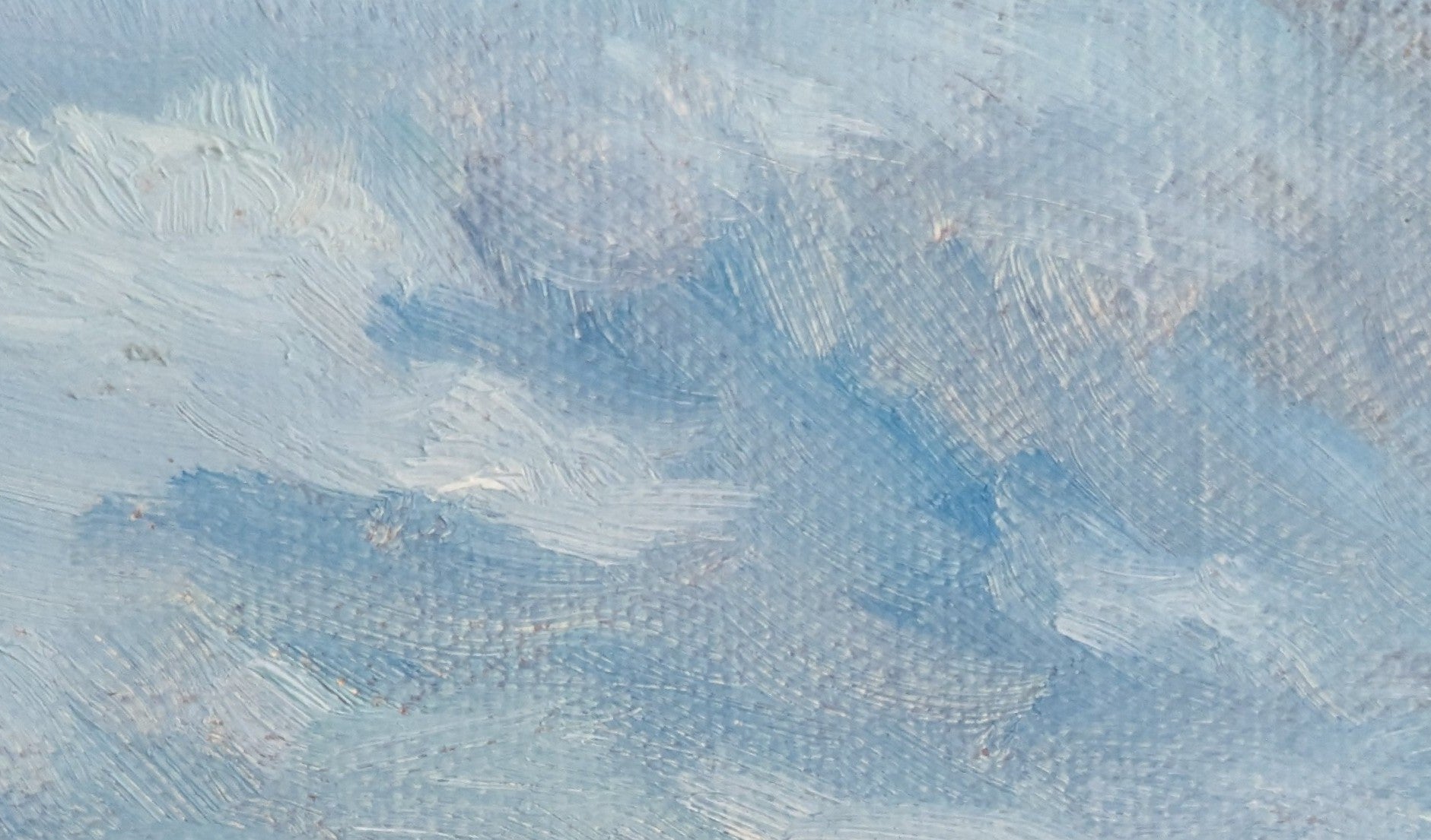 Abstract painting with blue and white brush strokes. Close up of an Original oil painting of Carlton Marshes Suffolk on a summer day, wide marsh with dyke leading into scene and big sky