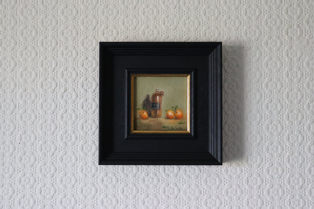 Original oil painting of a vintage bottle from Riga, antique glass vessel in a warm still life