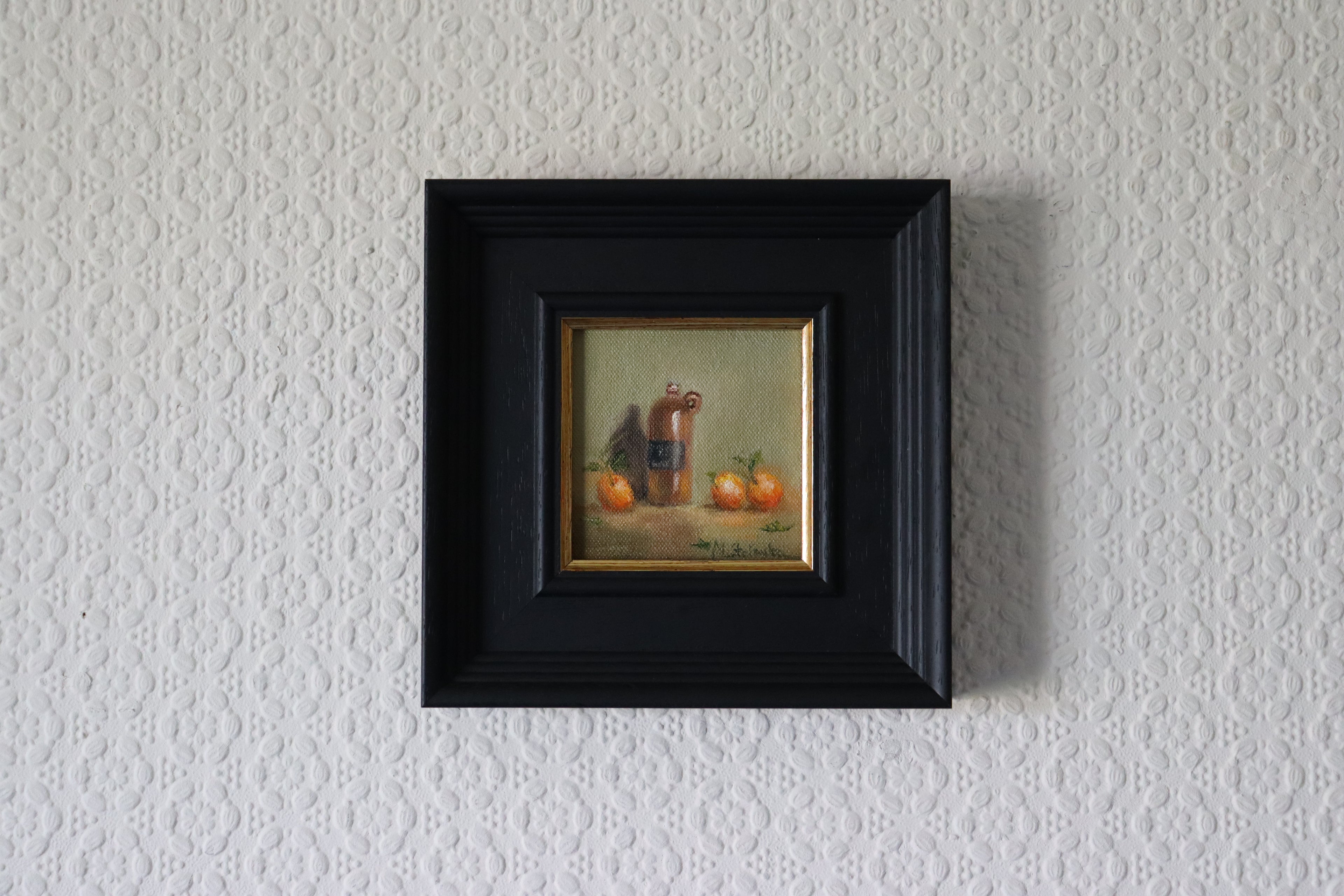 Original oil painting of a vintage bottle from Riga, antique glass vessel in a warm still life