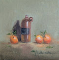 Original oil painting of a vintage bottle from Riga, antique glass vessel in a warm still life