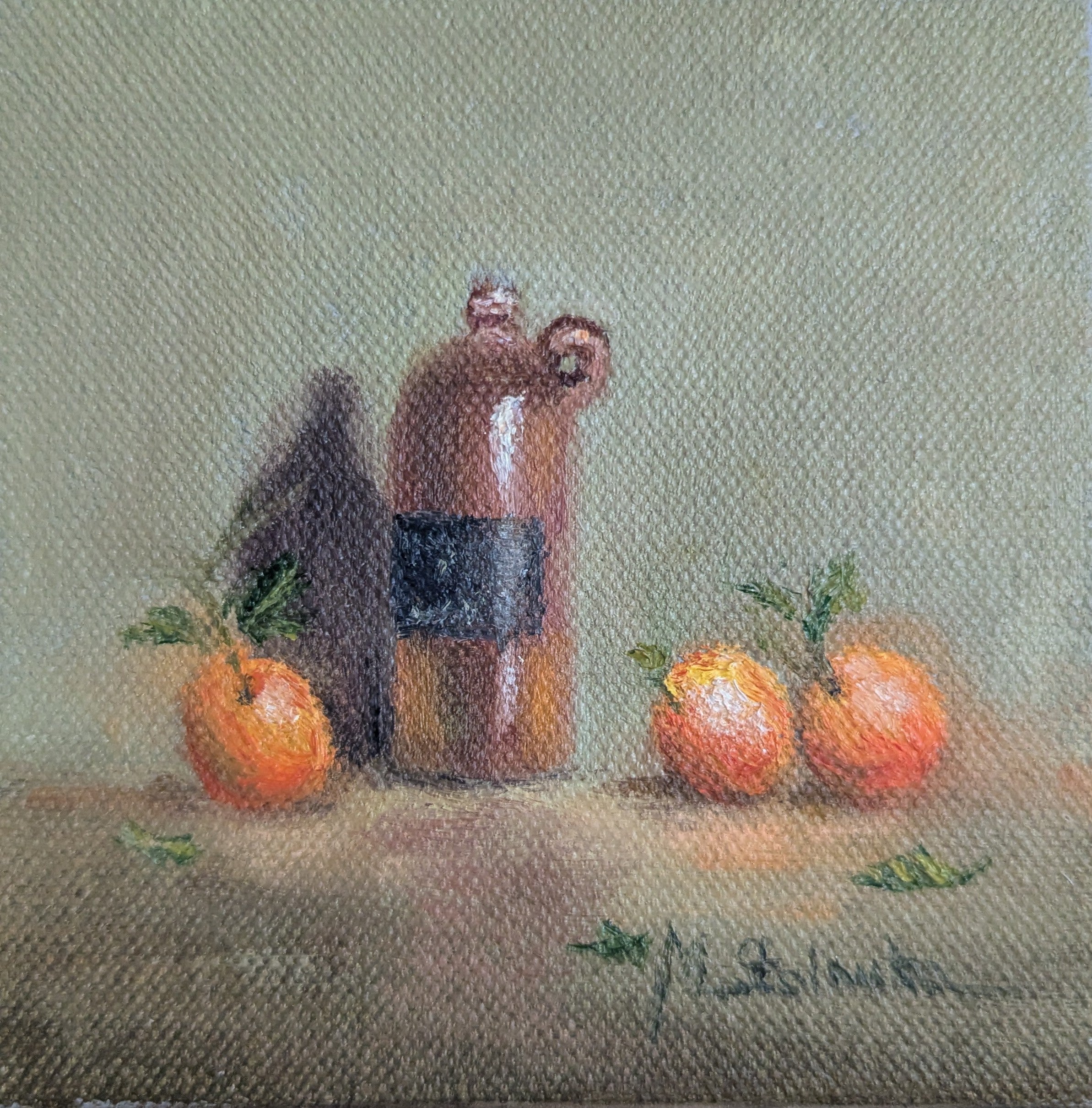 Original oil painting of a vintage bottle from Riga, antique glass vessel in a warm still life