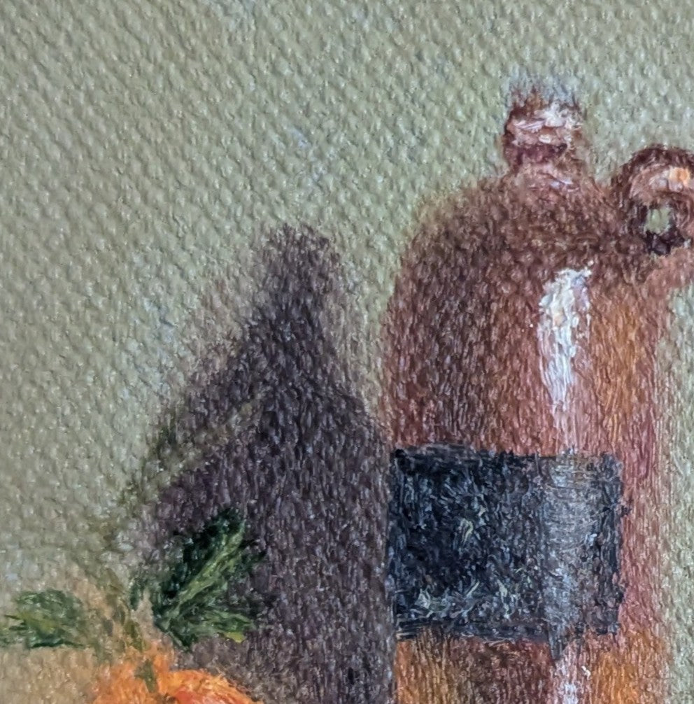 Original oil painting of a vintage bottle from Riga, antique glass vessel in a warm still life