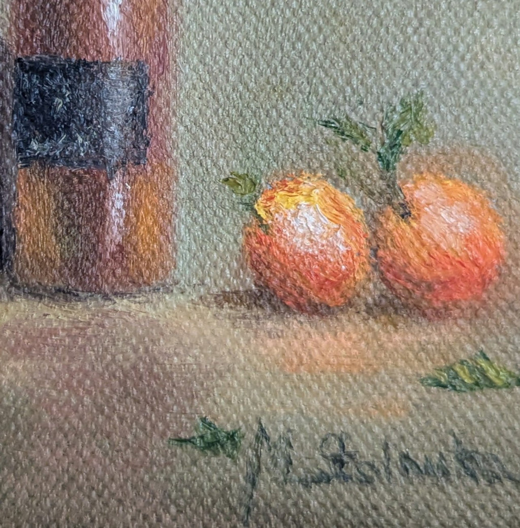 Original oil painting of a vintage bottle from Riga, antique glass vessel in a warm still life