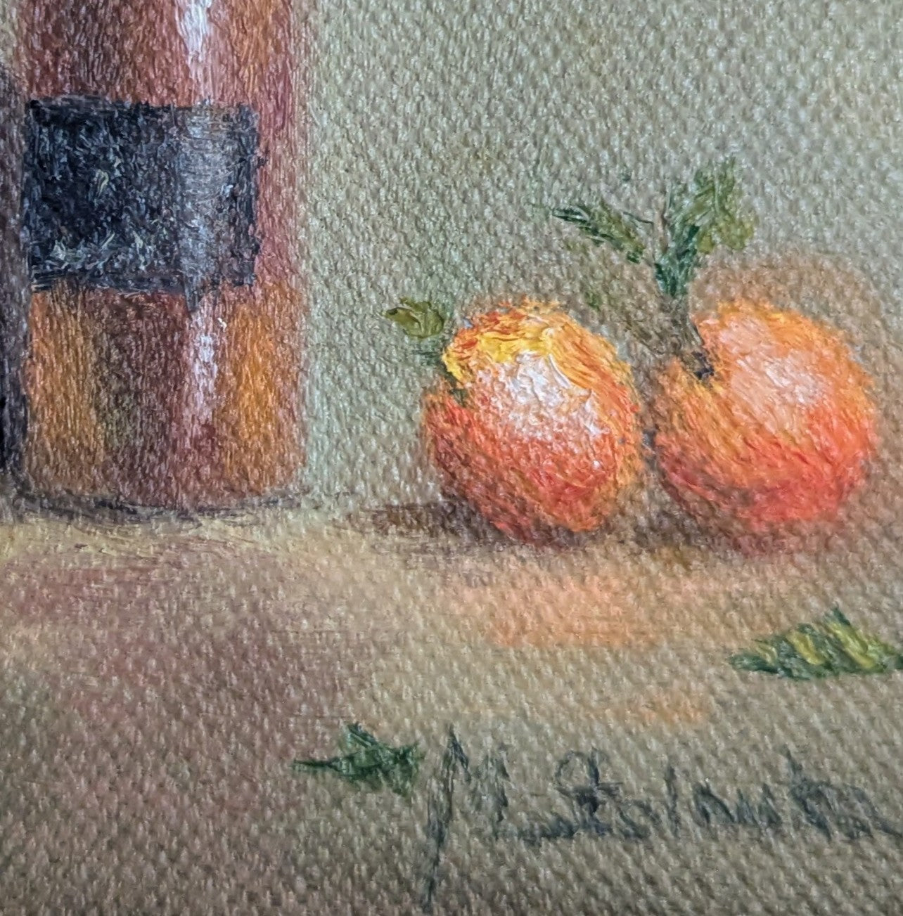 Original oil painting of a vintage bottle from Riga, antique glass vessel in a warm still life