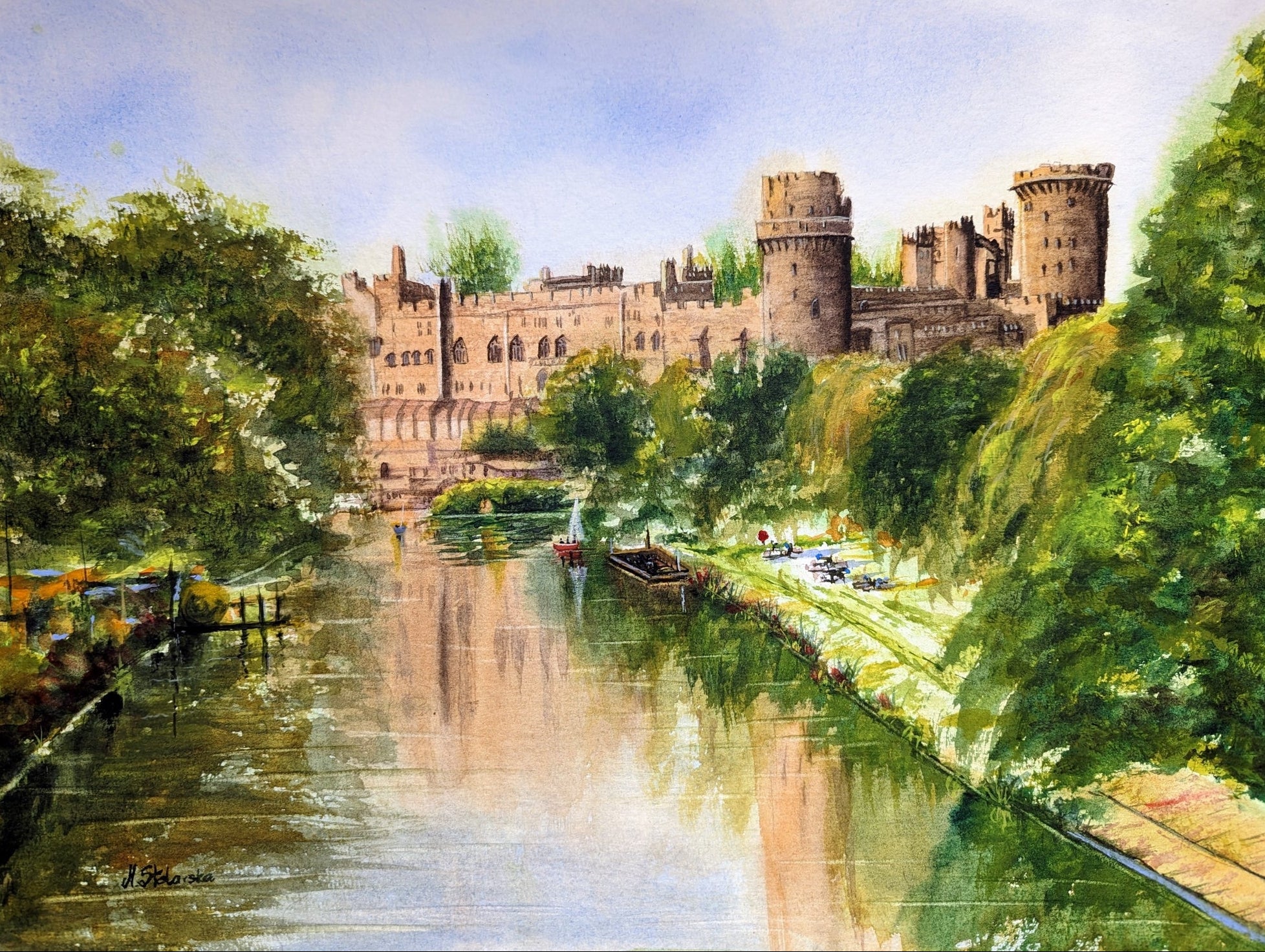 Castle by a river with lush greenery. Work by a local artist. Original watercolour painting of Warwick Castle from the River Avon Warwickshire, medieval fortress built 1068