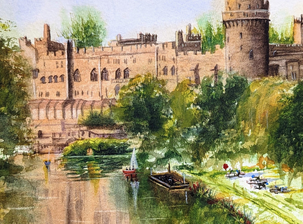 Close-up detail of Warwick Castle fine art print - medieval towers and walls, watercolour-based limited edition by Marta Stolarska, archival Claria Photo HD inks