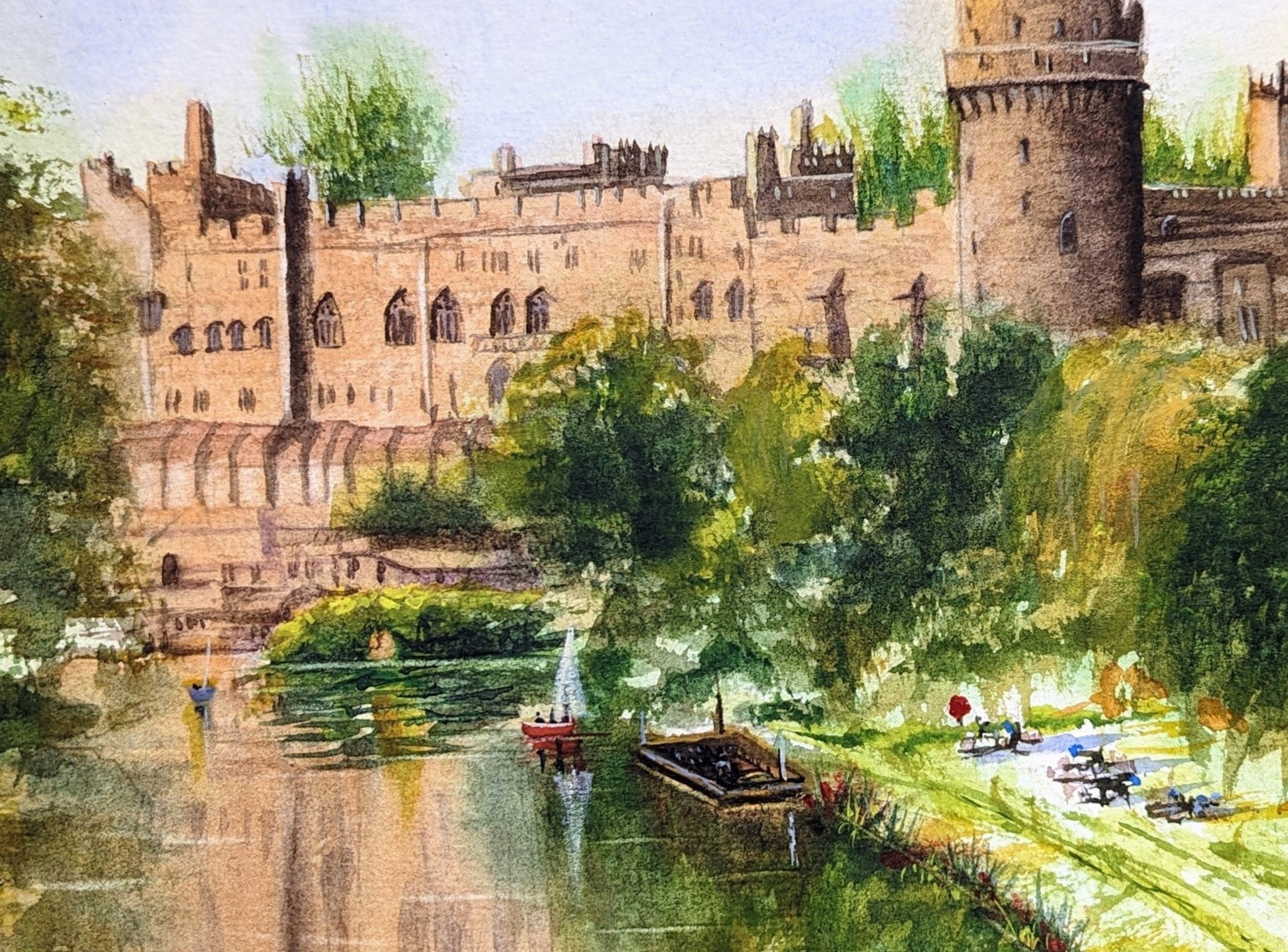 Close-up detail of Warwick Castle fine art print - medieval towers and walls, watercolour-based limited edition by Marta Stolarska, archival Claria Photo HD inks