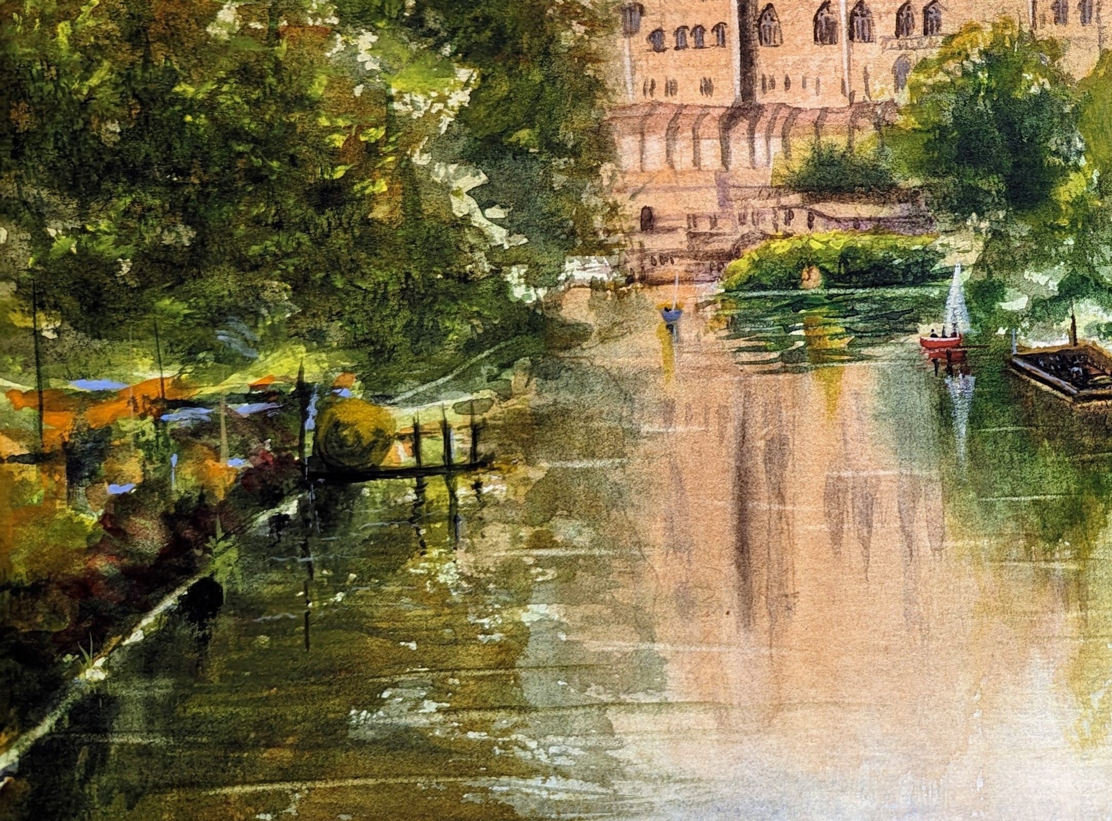 Detail of Warwick Castle limited edition print - castle stonework and landscape, expressive watercolour brushwork by Marta Stolarska Fine Art, edition of 50
