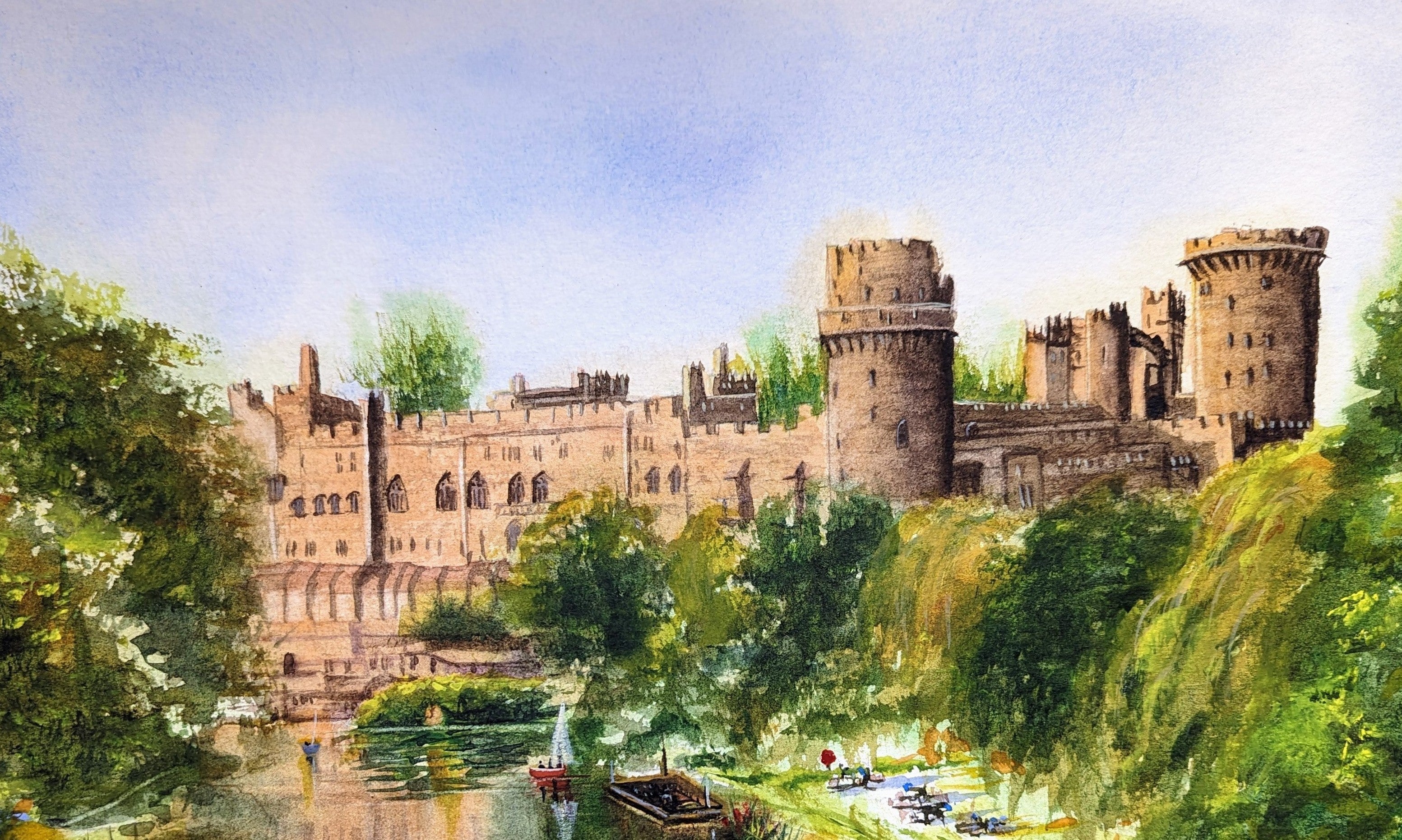 Castle surrounded by greenery and water on a clear day. Castle by a river with lush greenery. Work by a local artist. Original watercolour painting of Warwick Castle from the River Avon Warwickshire, medieval fortress built 1068