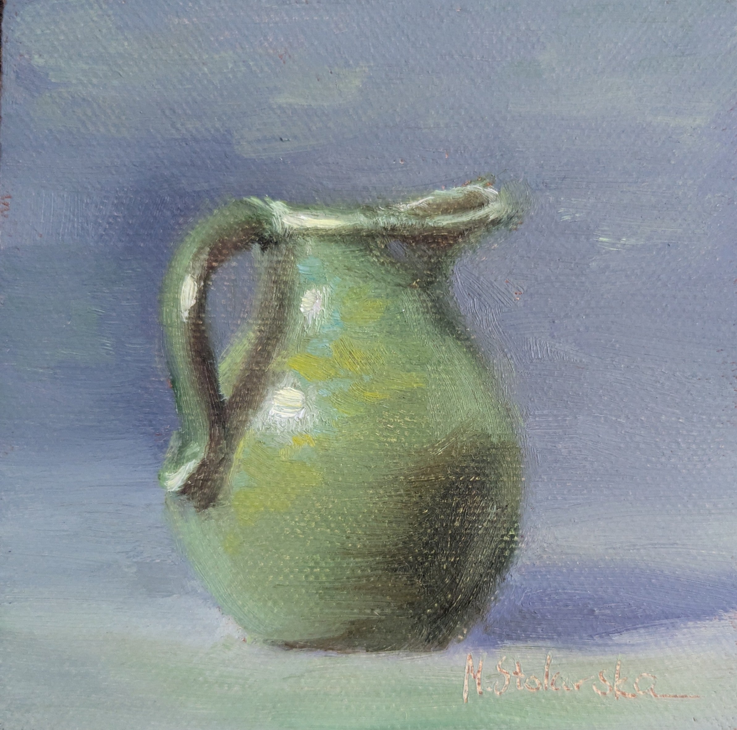 Original oil painting of a water jug, classic ceramic vessel in a simple elegant still life
