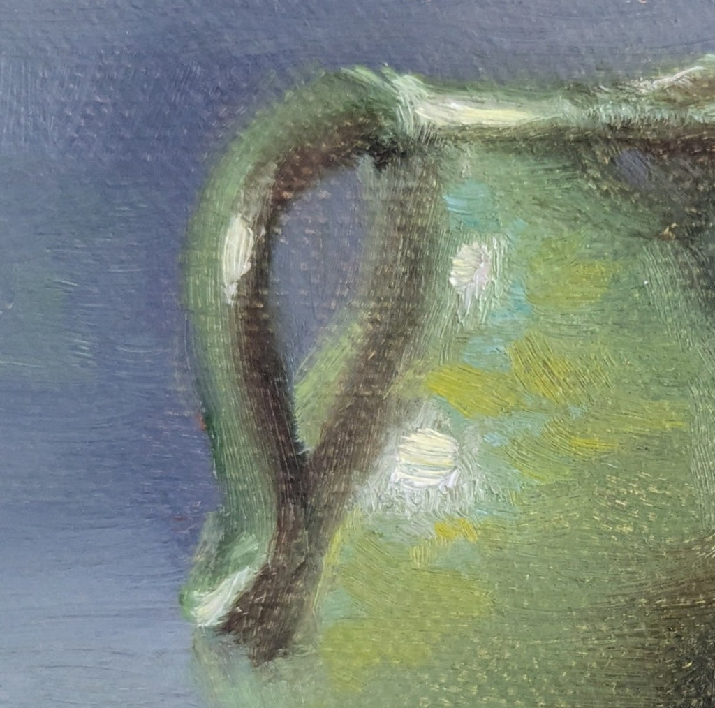 Original oil painting of a water jug, classic ceramic vessel in a simple elegant still life